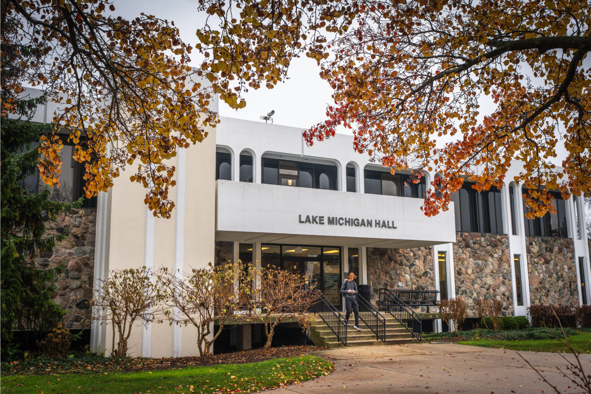 a photo of lake michigan hall in the fall